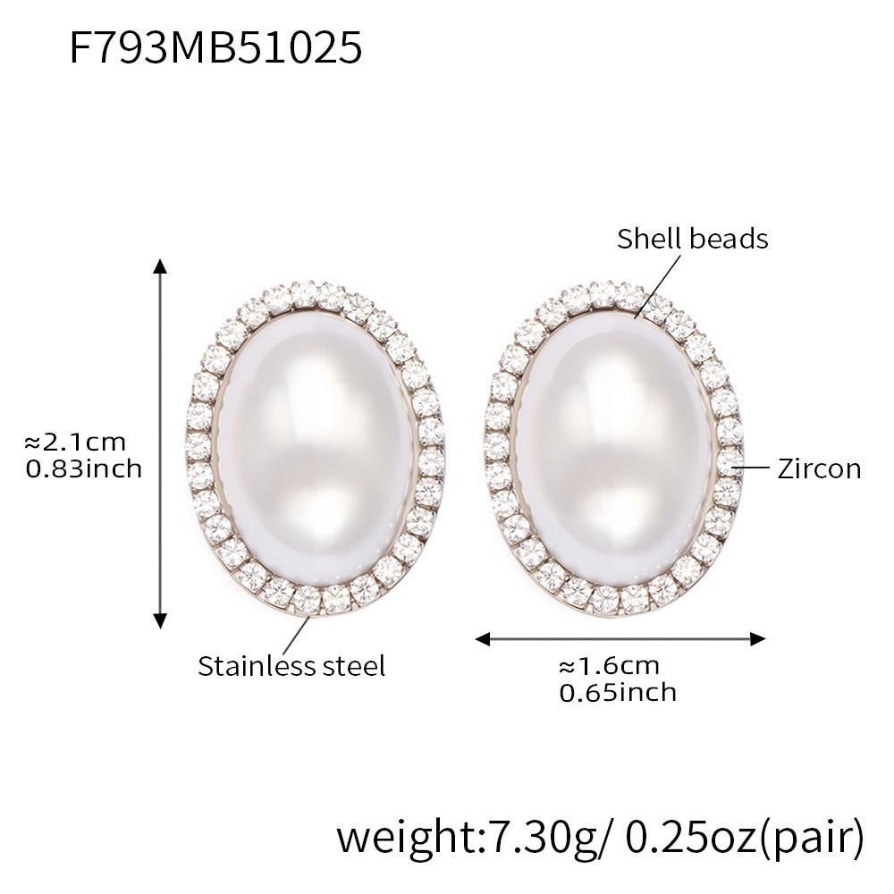 316L Stainless Steel French Chic Oval Shell Pearl & Zircon Earrings - Image 3