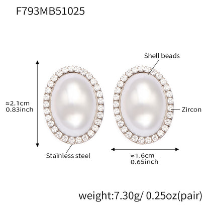 316L Stainless Steel French Chic Oval Shell Pearl & Zircon Earrings - Image 3