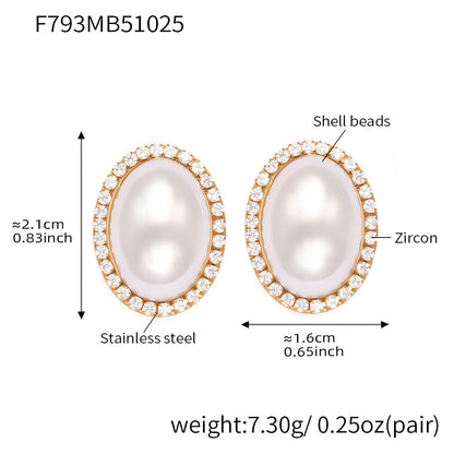 316L Stainless Steel French Chic Oval Shell Pearl & Zircon Earrings - Image 4