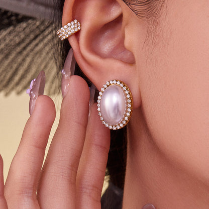 316L Stainless Steel French Chic Oval Shell Pearl & Zircon Earrings - Image 7