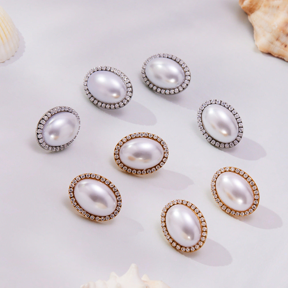 316L Stainless Steel French Chic Oval Shell Pearl & Zircon Earrings - Image 8