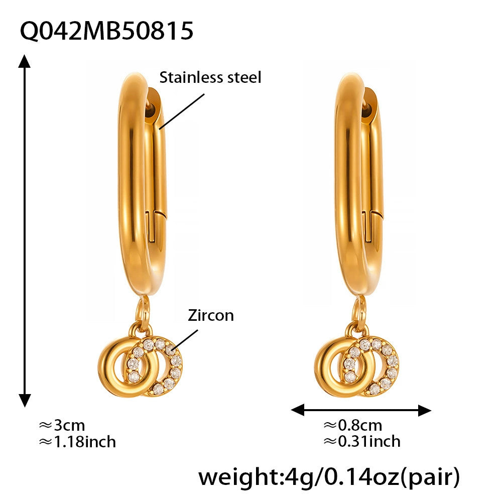 316L Stainless Steel French Chic Sparkling Zircon Double Hoop Drop Earrings - Image 1