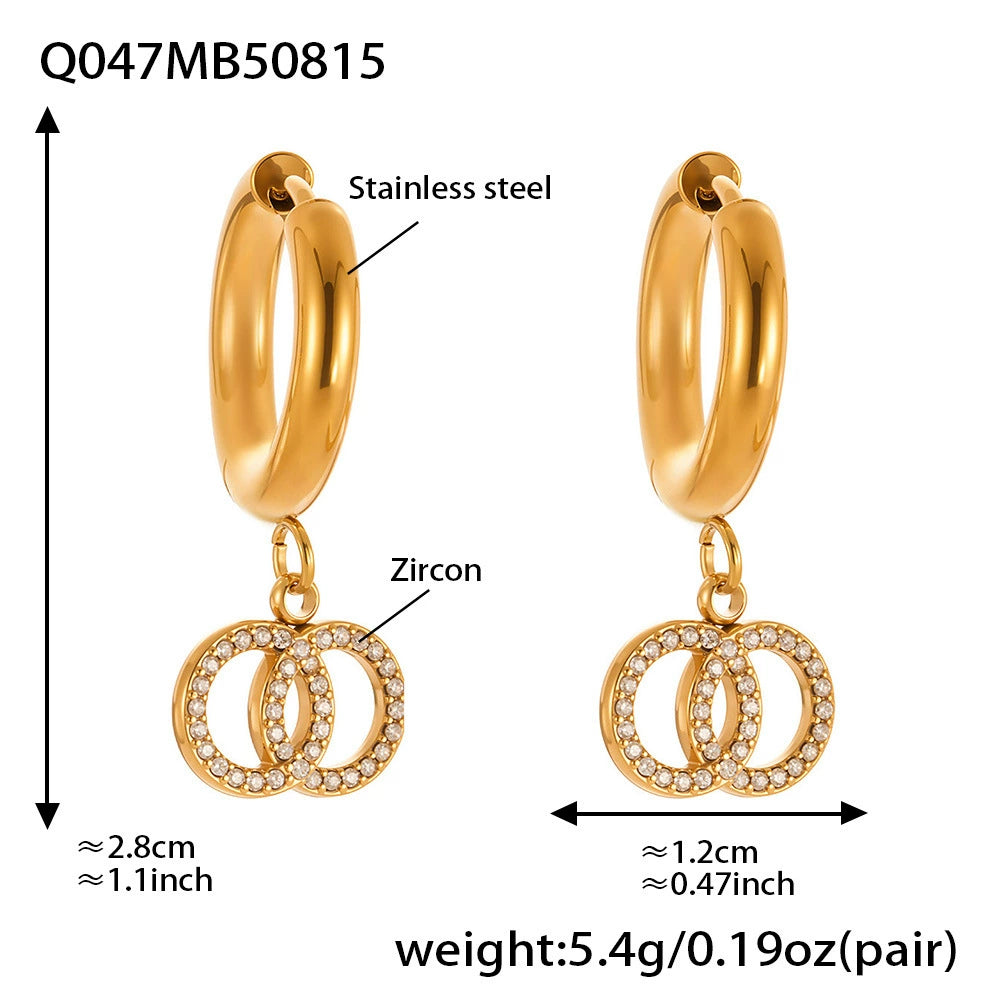 316L Stainless Steel French Chic Sparkling Zircon Double Hoop Drop Earrings - Image 5