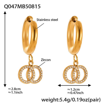 316L Stainless Steel French Chic Sparkling Zircon Double Hoop Drop Earrings - Image 5