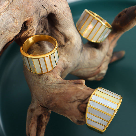 316L Stainless Steel French Style Vintage White Mother-of-Pearl Wide Statement Ring - Image 1