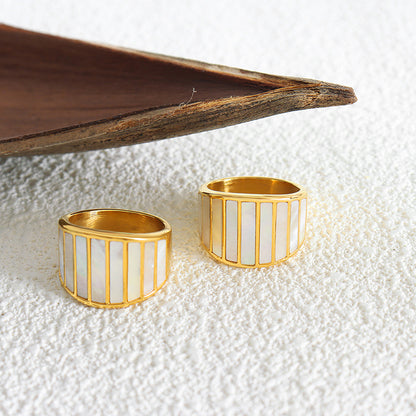 316L Stainless Steel French Style Vintage White Mother-of-Pearl Wide Statement Ring - Image 4