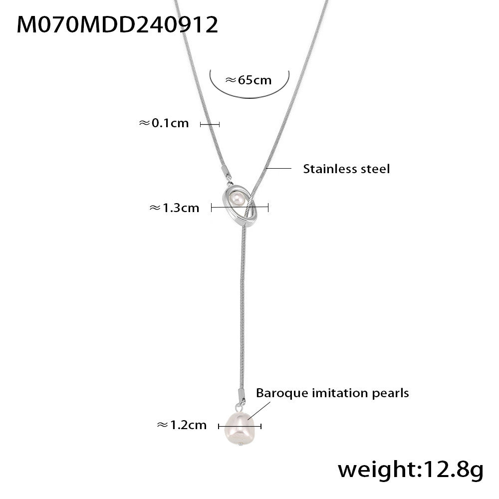 316L Stainless Steel French Tassel Imitation Pearl Long Adjustable Sweater Necklace - Image 2