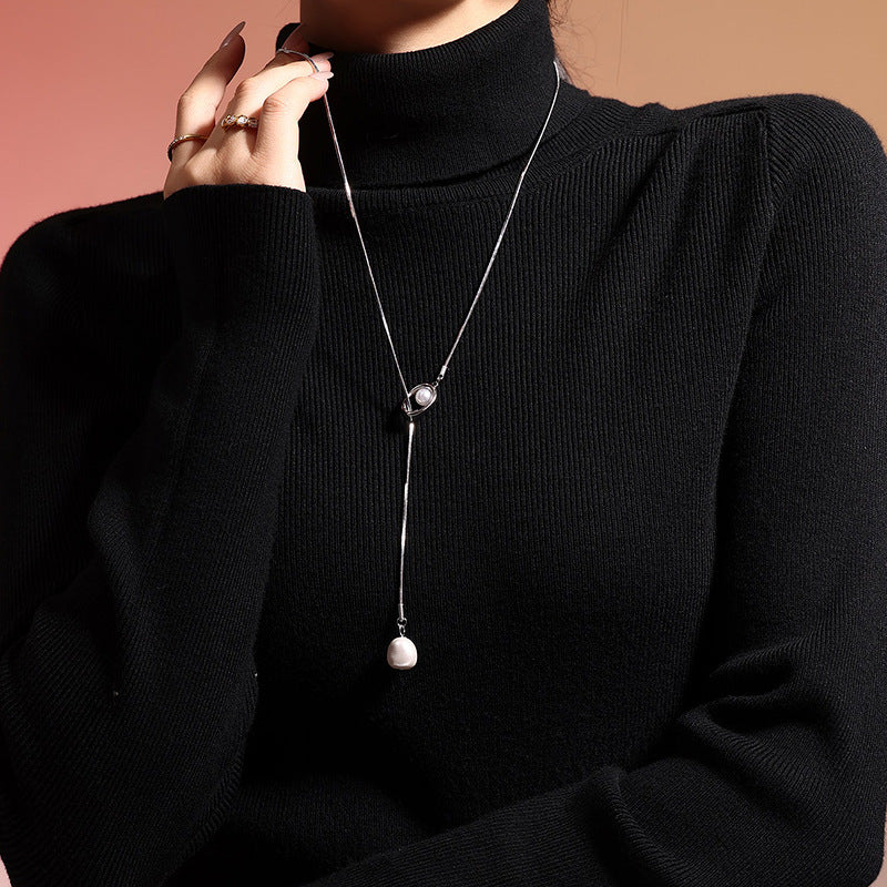 316L Stainless Steel French Tassel Imitation Pearl Long Adjustable Sweater Necklace - Image 3