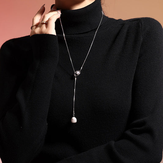 316L Stainless Steel French Tassel Imitation Pearl Long Adjustable Sweater Necklace - Image 3