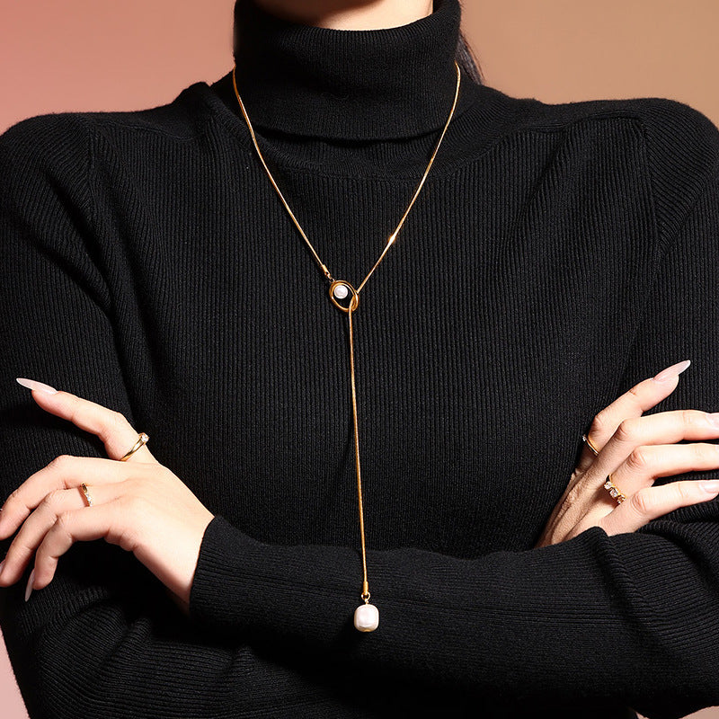316L Stainless Steel French Tassel Imitation Pearl Long Adjustable Sweater Necklace - Image 4