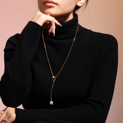 316L Stainless Steel French Tassel Imitation Pearl Long Adjustable Sweater Necklace - Image 5