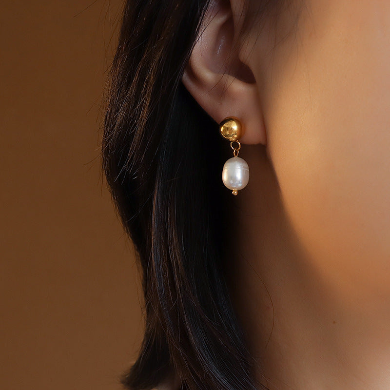 316L Stainless Steel Freshwater Cultured Pearl Texture Stud Earrings - Image 2