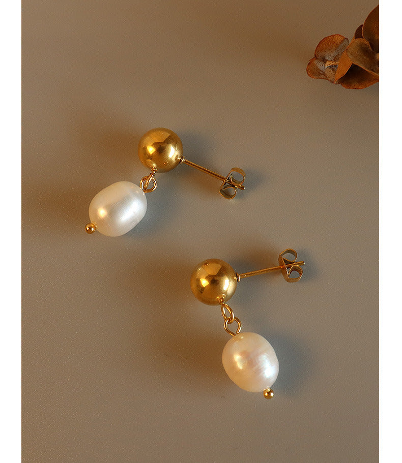 316L Stainless Steel Freshwater Cultured Pearl Texture Stud Earrings - Image 4