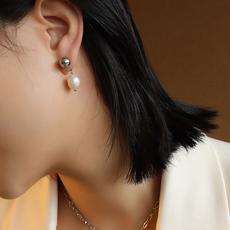 316L Stainless Steel Freshwater Cultured Pearl Texture Stud Earrings - Image 8