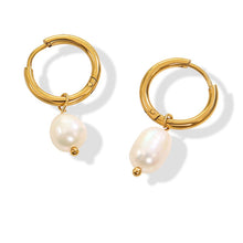 316L stainless steel freshwater pearl hoop earrings 18K PVD gold plated pair on white background wholesale