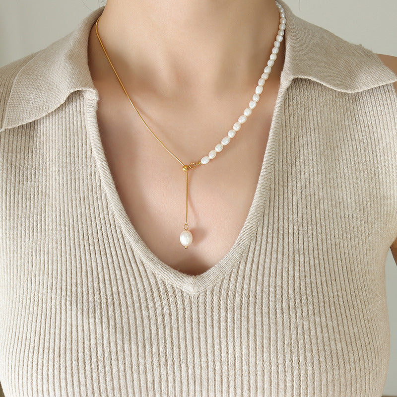 316L Stainless Steel Freshwater Pearl Snake Chain Necklace - Image 2