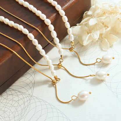 316L Stainless Steel Freshwater Pearl Snake Chain Necklace - Image 4