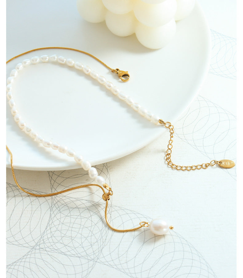 316L Stainless Steel Freshwater Pearl Snake Chain Necklace - Image 5