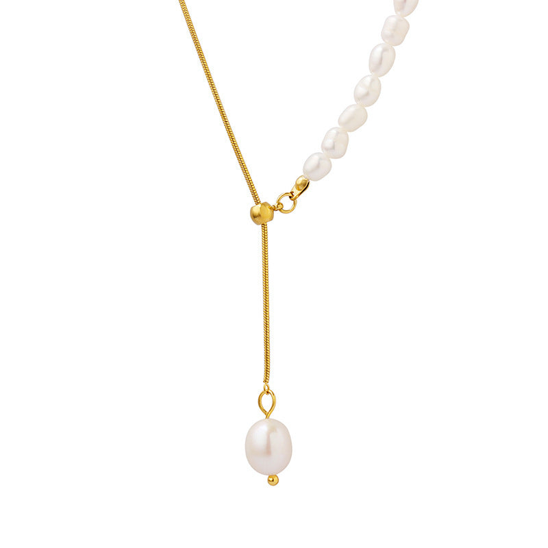 316L Stainless Steel Freshwater Pearl Snake Chain Necklace - Image 6