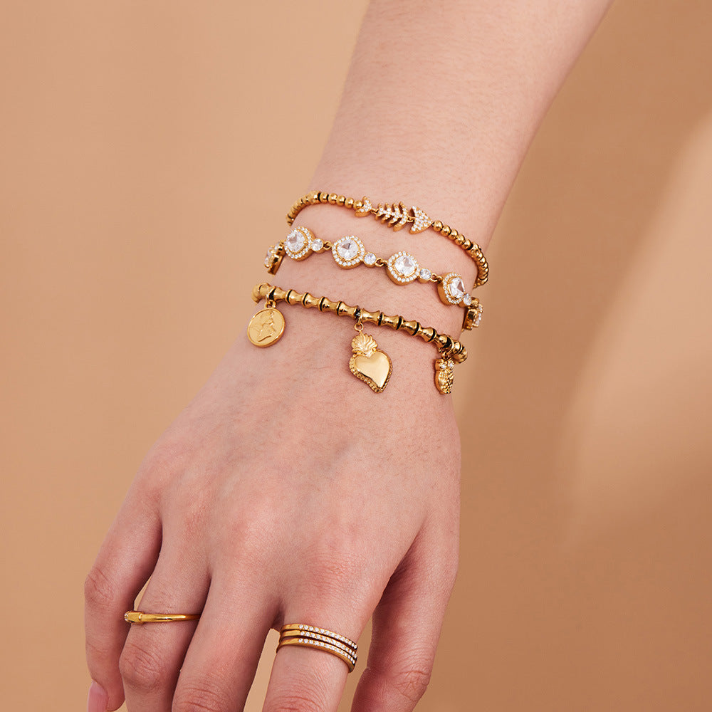 316L Stainless Steel Full Zircon Fishbone Bamboo Link Beaded Bracelet - Image 10