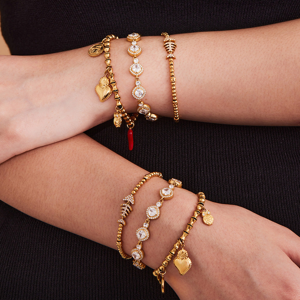 316L Stainless Steel Full Zircon Fishbone Bamboo Link Beaded Bracelet - Image 13