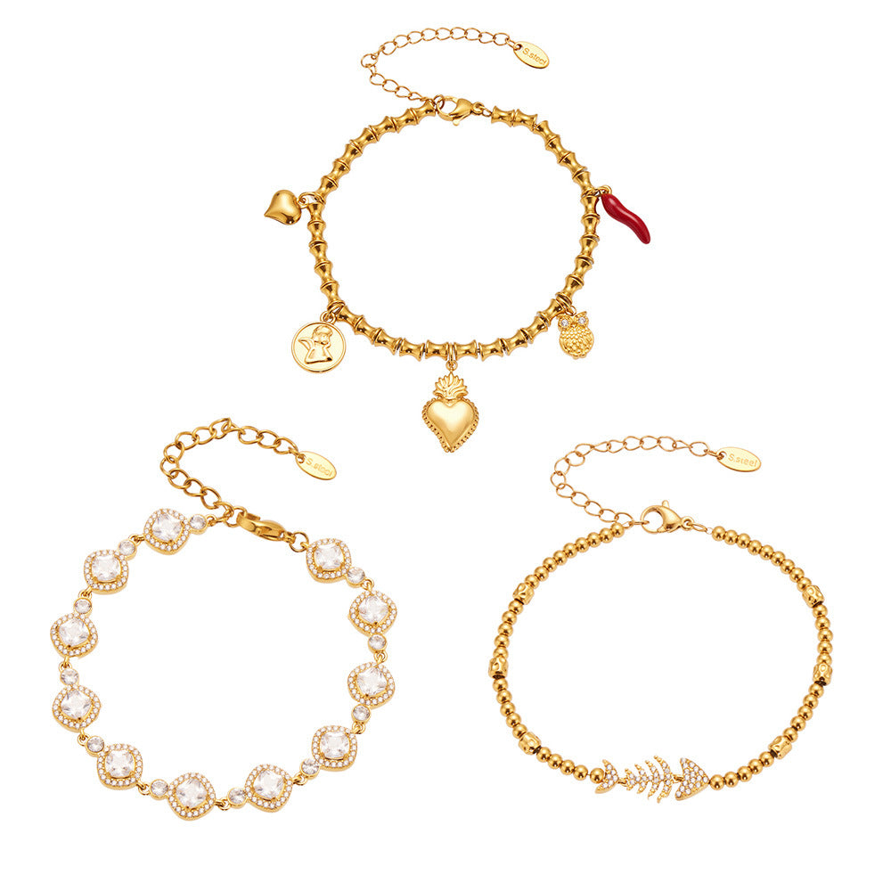 316L Stainless Steel Full Zircon Fishbone Bamboo Link Beaded Bracelet - Image 14