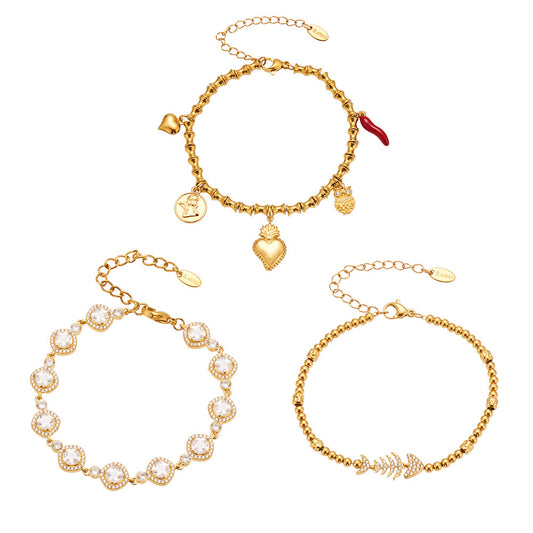 316L Stainless Steel Full Zircon Fishbone Bamboo Link Beaded Bracelet - Image 14