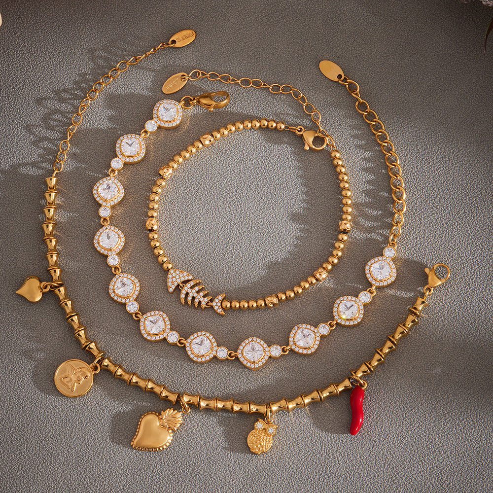 316L Stainless Steel Full Zircon Fishbone Bamboo Link Beaded Bracelet - Image 2