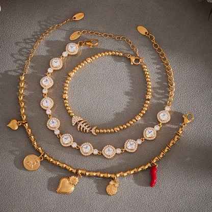 316L Stainless Steel Full Zircon Fishbone Bamboo Link Beaded Bracelet - Image 2