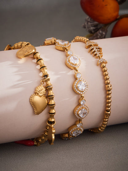 316L Stainless Steel Full Zircon Fishbone Bamboo Link Beaded Bracelet - Image 3