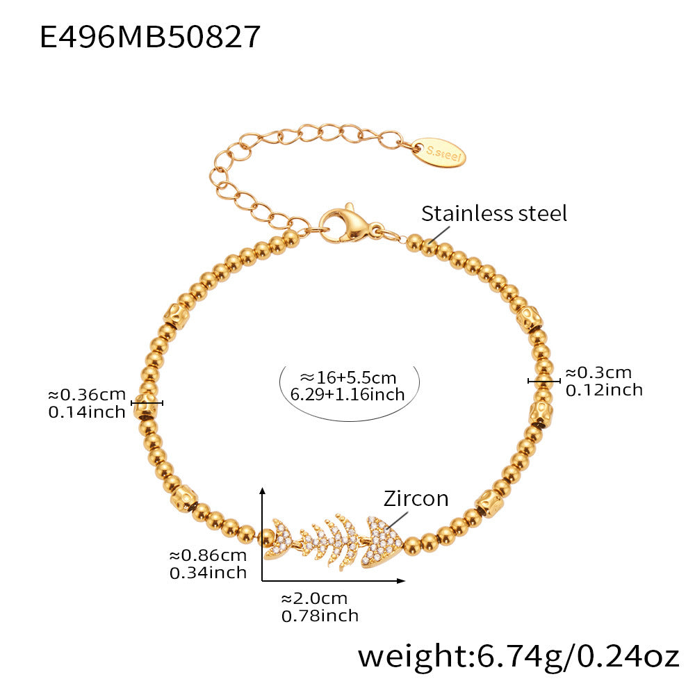 316L Stainless Steel Full Zircon Fishbone Bamboo Link Beaded Bracelet - Image 9