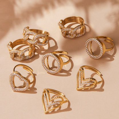 316L Stainless Steel Full Zircon Heart & Circle Open Ring - Image 10