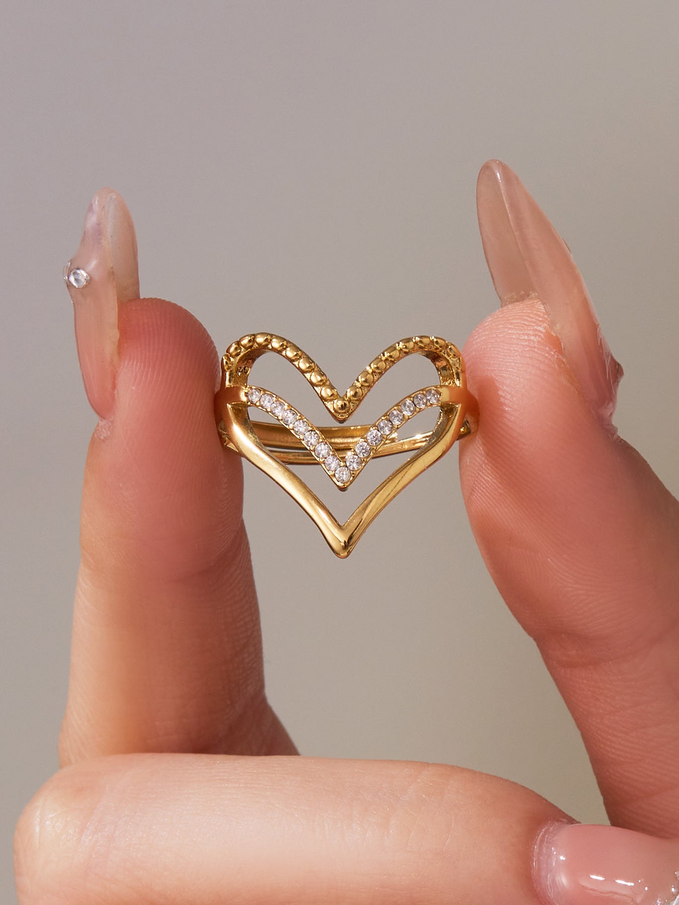 316L Stainless Steel Full Zircon Heart & Circle Open Ring - Image 15