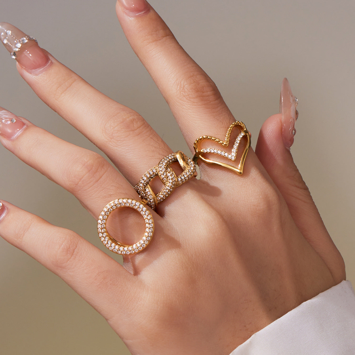 316L Stainless Steel Full Zircon Heart & Circle Open Ring - Image 19