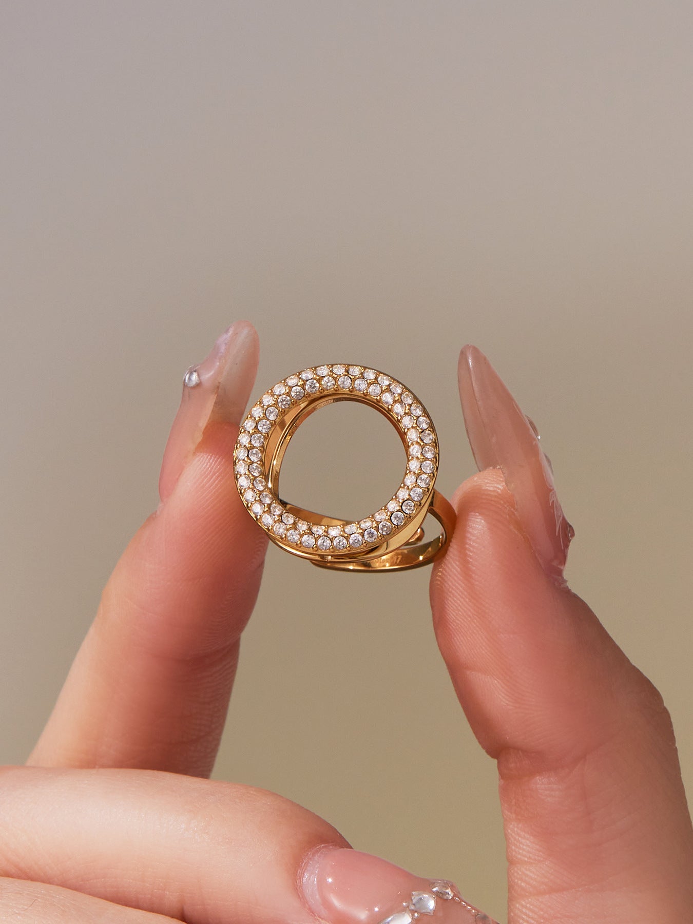 316L Stainless Steel Full Zircon Heart & Circle Open Ring - Image 2