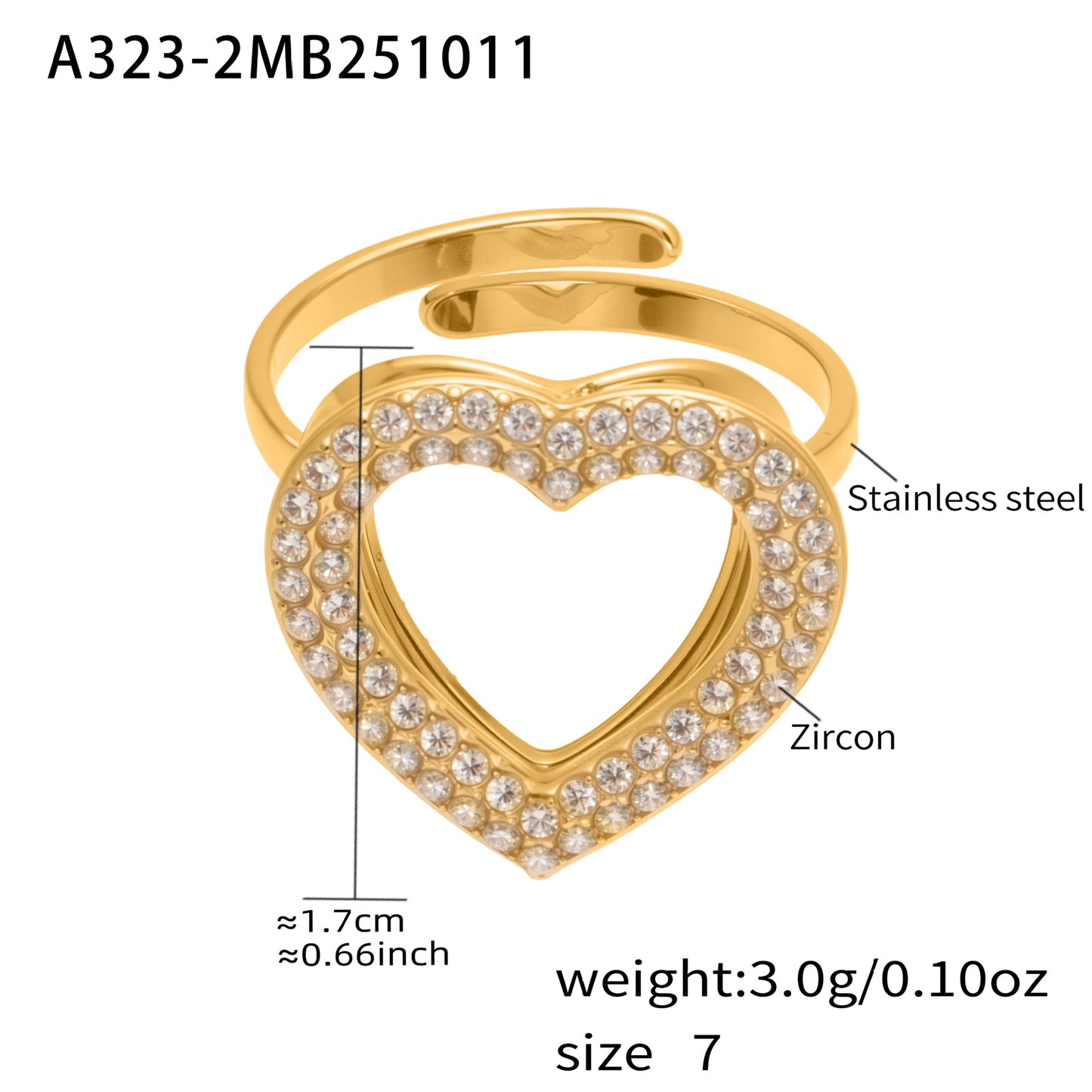 316L Stainless Steel Full Zircon Heart & Circle Open Ring - Image 3