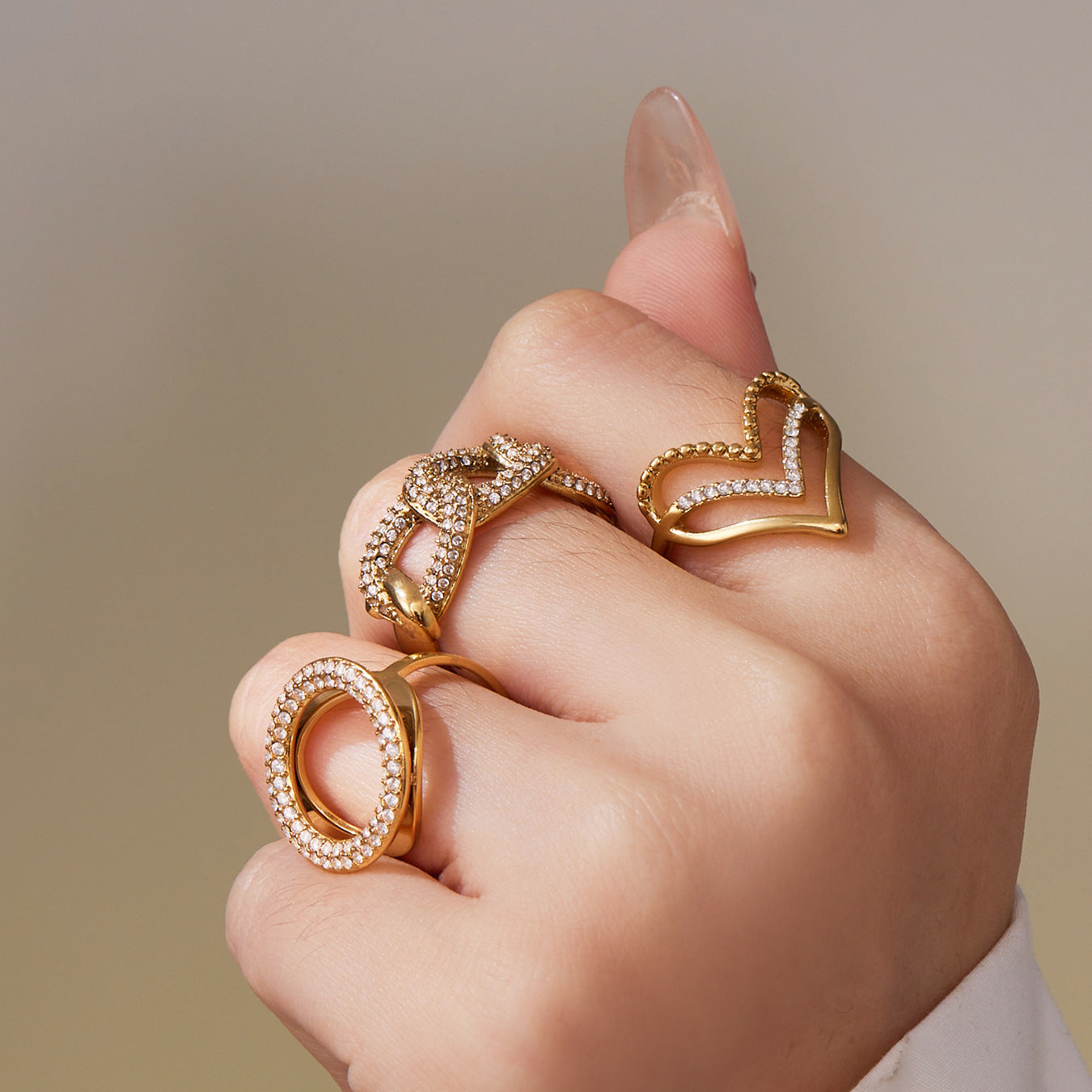 316L Stainless Steel Full Zircon Heart & Circle Open Ring - Image 6