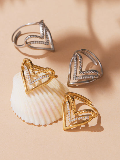 316L Stainless Steel Full Zircon Heart & Circle Open Ring - Image 9