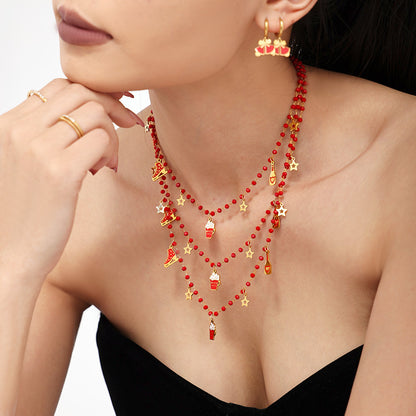 316L Stainless Steel Garnet Beaded Geometric Pendant Necklace & Bracelet Set - Image 1