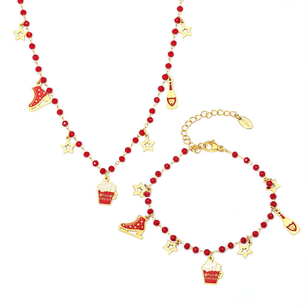 316L Stainless Steel Garnet Beaded Geometric Pendant Necklace & Bracelet Set - Image 2