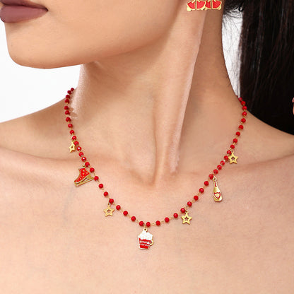 316L Stainless Steel Garnet Beaded Geometric Pendant Necklace & Bracelet Set - Image 4