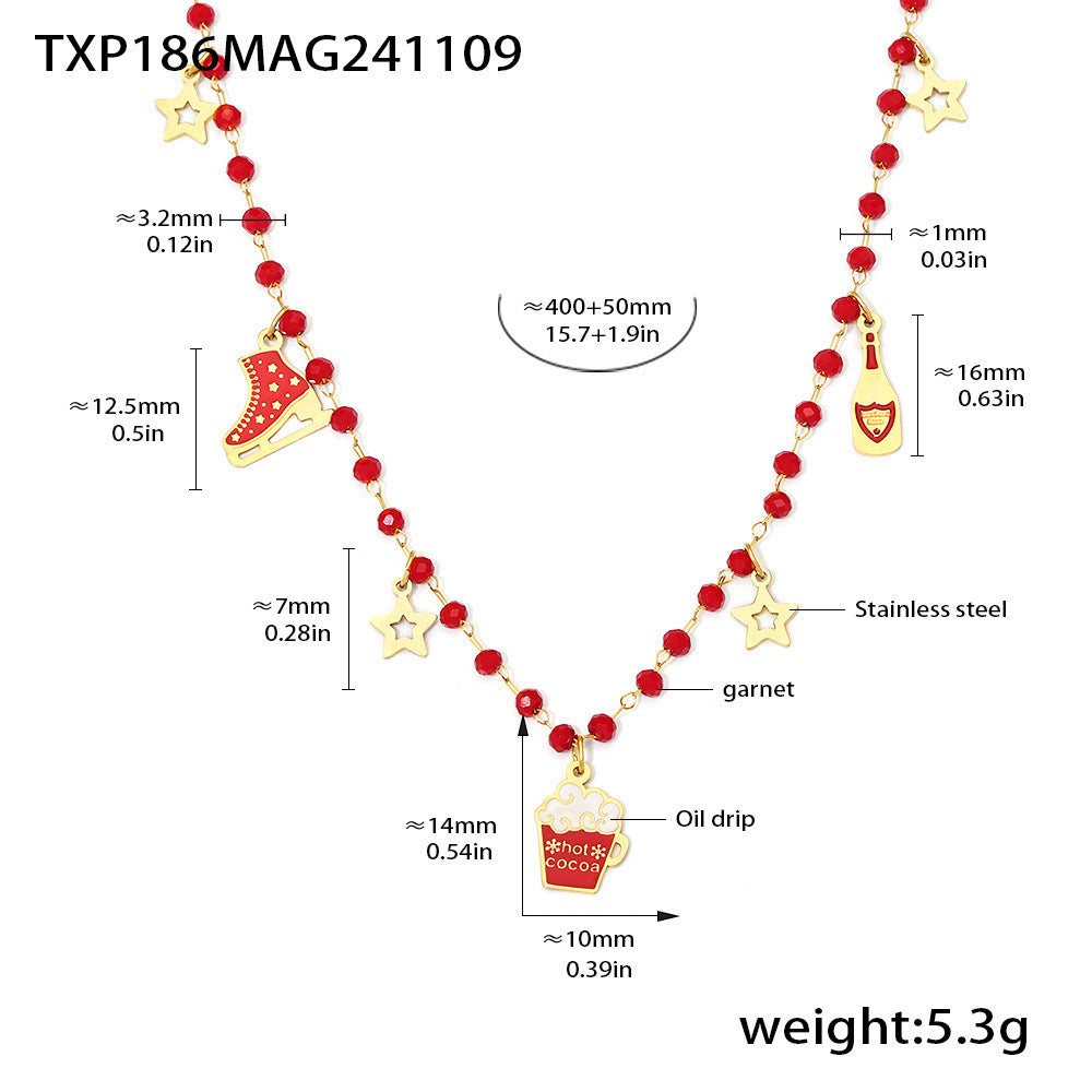 316L Stainless Steel Garnet Beaded Geometric Pendant Necklace & Bracelet Set - Image 5