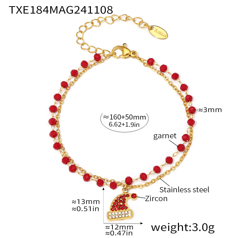 316L Stainless Steel Garnet Zircon Christmas Hat Pendant Layered Necklace & Bracelet Set - Image 1