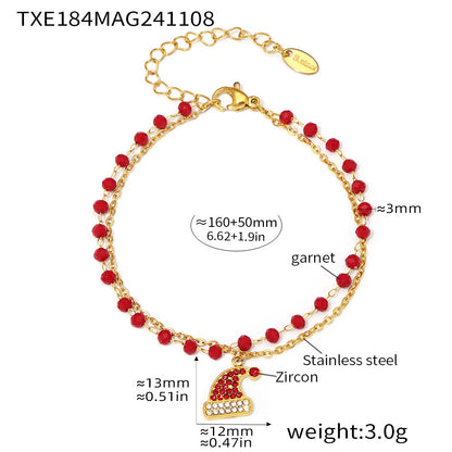 316L Stainless Steel Garnet Zircon Christmas Hat Pendant Layered Necklace & Bracelet Set - Image 1
