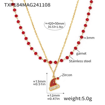 316L Stainless Steel Garnet Zircon Christmas Hat Pendant Layered Necklace & Bracelet Set - Image 2