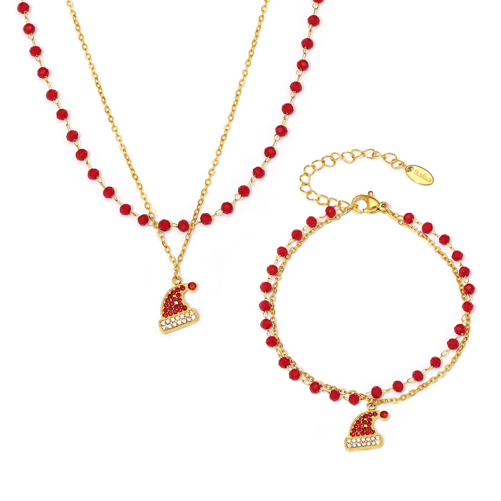 316L Stainless Steel Garnet Zircon Christmas Hat Pendant Layered Necklace & Bracelet Set - Image 3