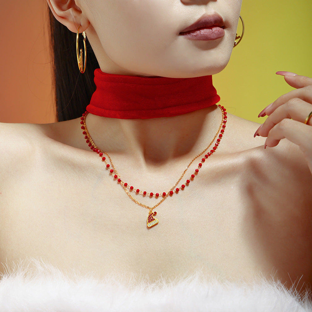 316L Stainless Steel Garnet Zircon Christmas Hat Pendant Layered Necklace & Bracelet Set - Image 4