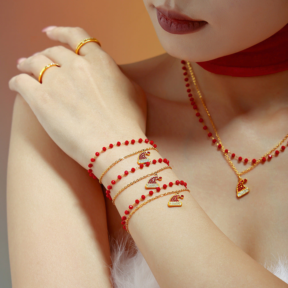316L Stainless Steel Garnet Zircon Christmas Hat Pendant Layered Necklace & Bracelet Set - Image 5