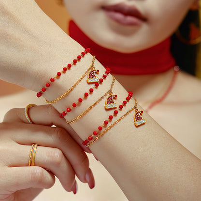 316L Stainless Steel Garnet Zircon Christmas Hat Pendant Layered Necklace & Bracelet Set - Image 6