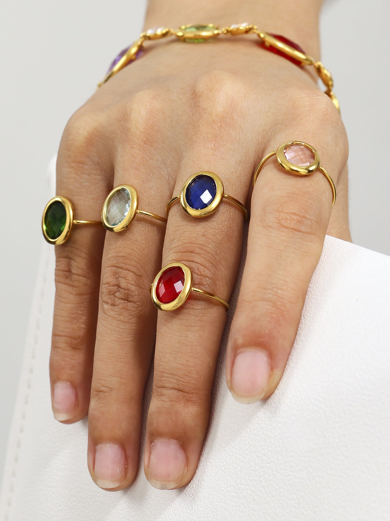 316L Stainless Steel 18K PVD Gold Adjustable Czech Glass Gemstone Ring